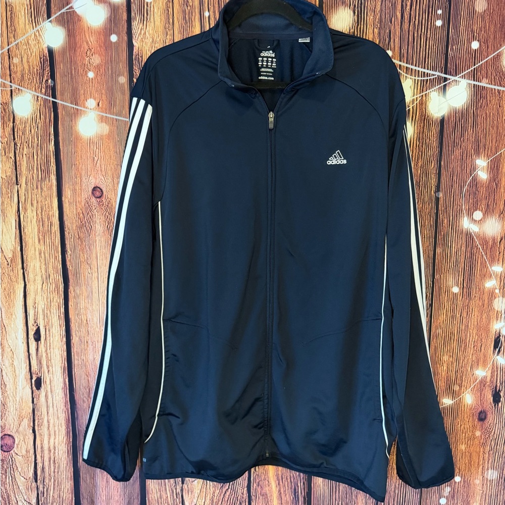 Adidas Men's Dark Blue Track Jacket with White Stripes